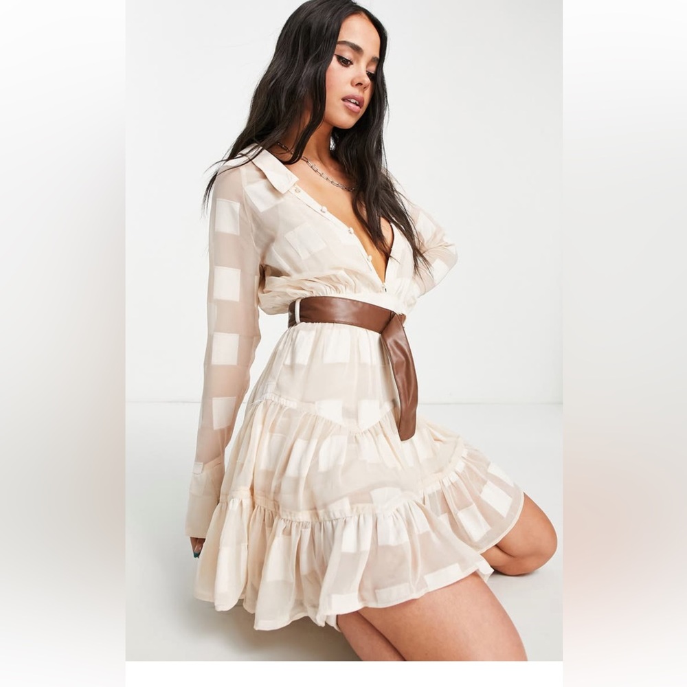 ASOS jacquard check plunge neck long sleeve belted dress size 4 US 8 UK NEW